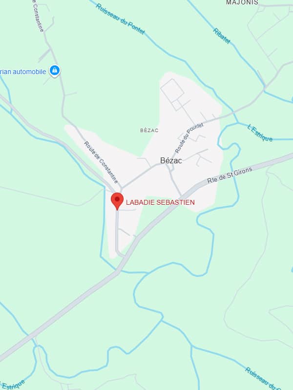 Bézac : Localisation de Labadie Sébastien sur la carte Plan de Bézac avec marqueur pour Labadie Sébastien, entre la Route de Constantine et le Ruisseau du Pontet.