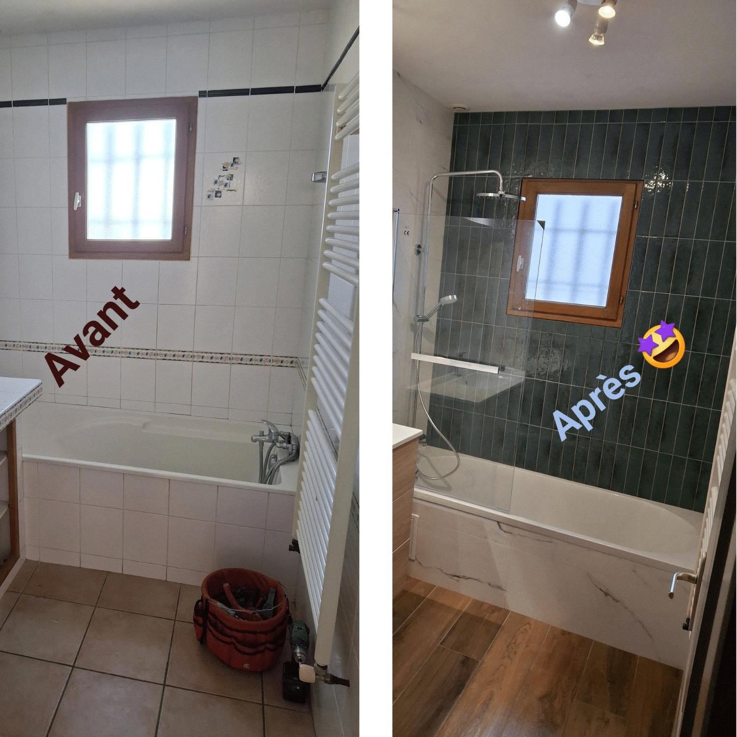 Rénovation salle de bain Avant Après avec carrelage vert, pare-douche et sol effet bois. Transformation moderne réussie.