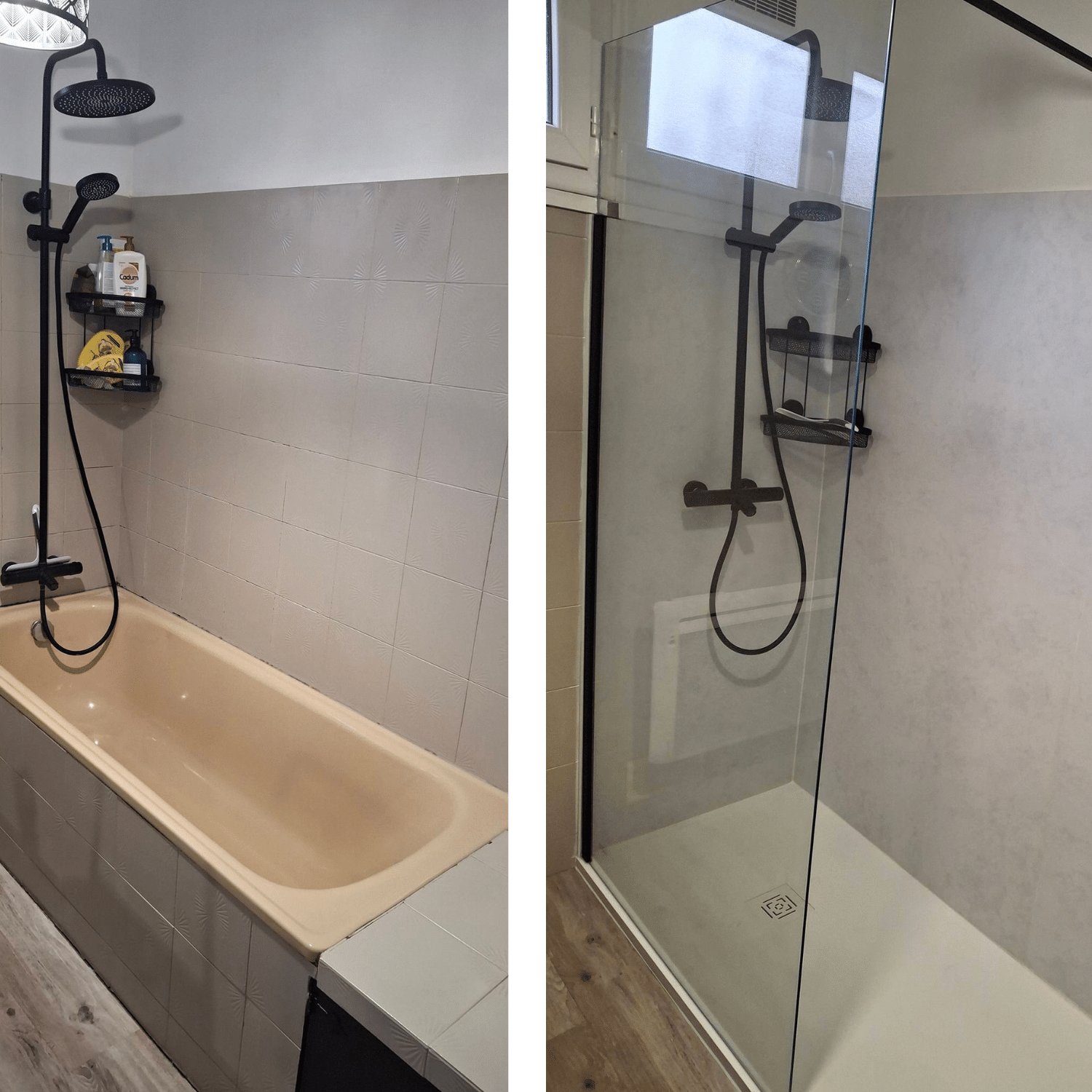 Avant-après rénovation : remplacement d'une baignoire beige par une douche à l'italienne avec paroi vitrée et sol moderne.